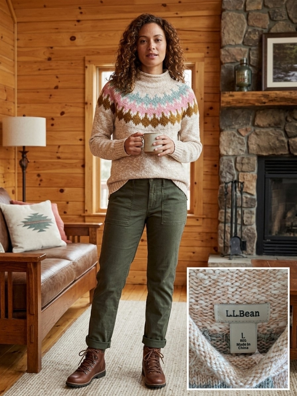 L.L. Bean Women's Fair Isle Turtleneck Sweater - Cream with Pink & Olive Accents
